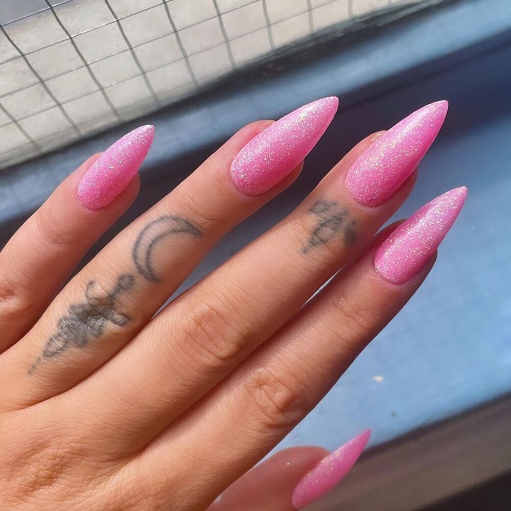 pink glitter stiletto nails