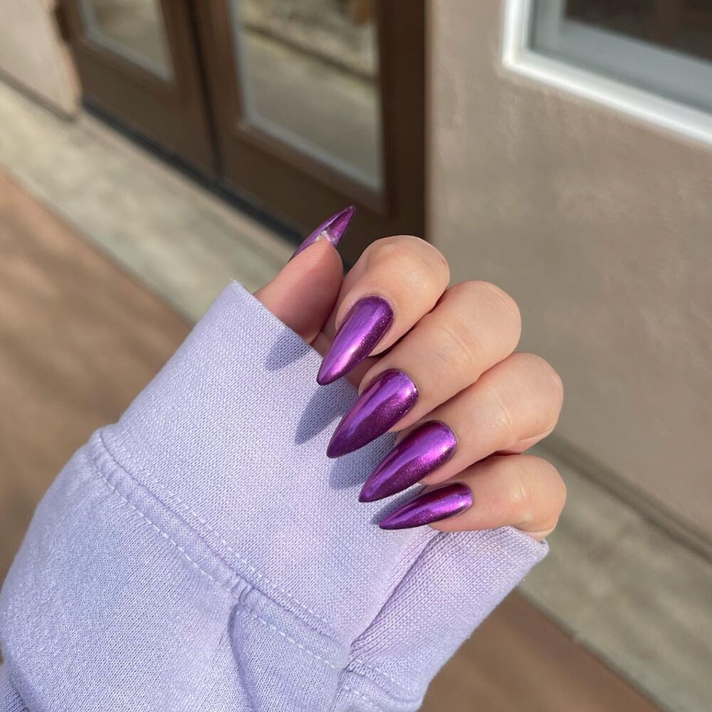 purple chrome stiletto nails