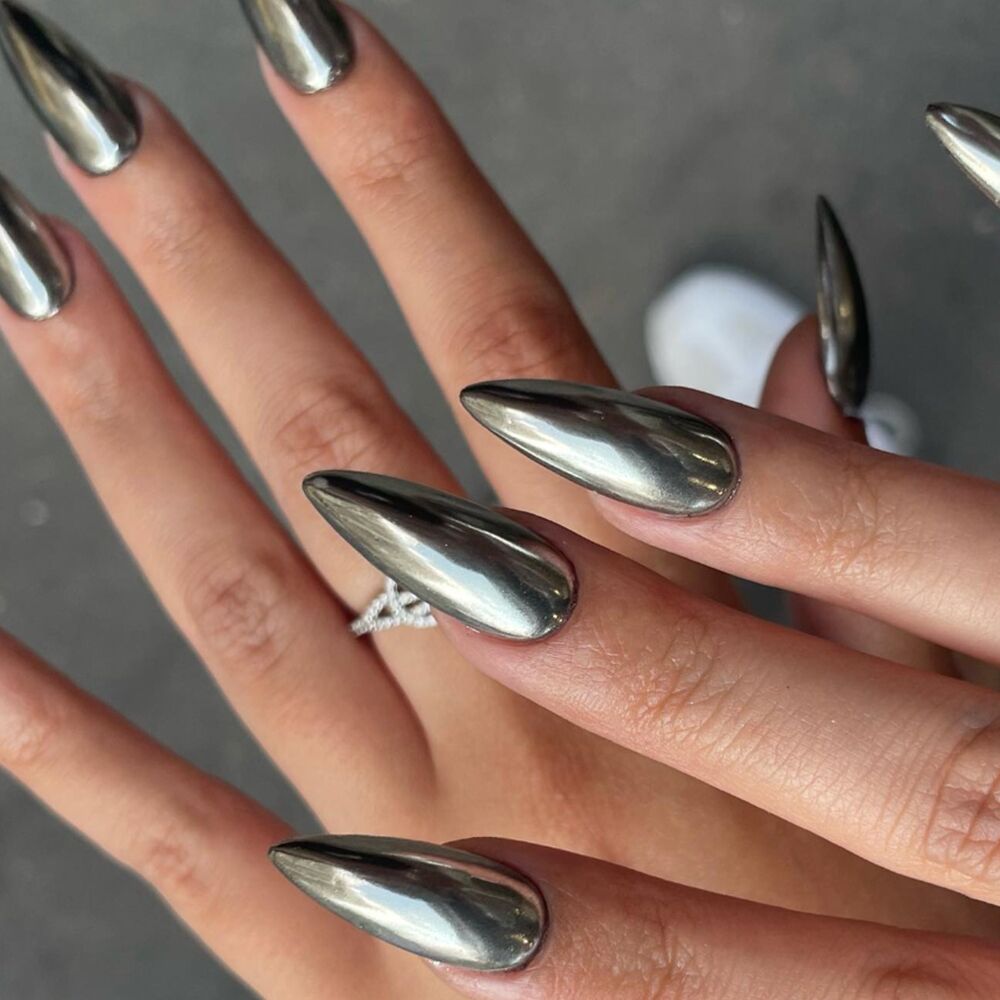 silver chrome stiletto nails